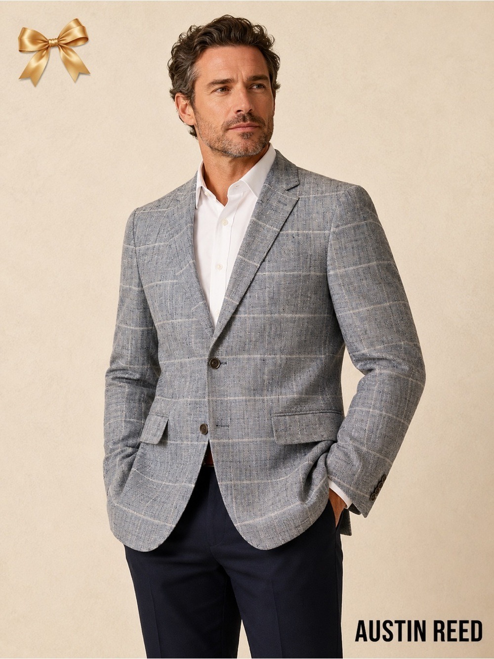 Austin Reed Signature Wool Silk Linen Windowpane Sport Coat 38S Blue